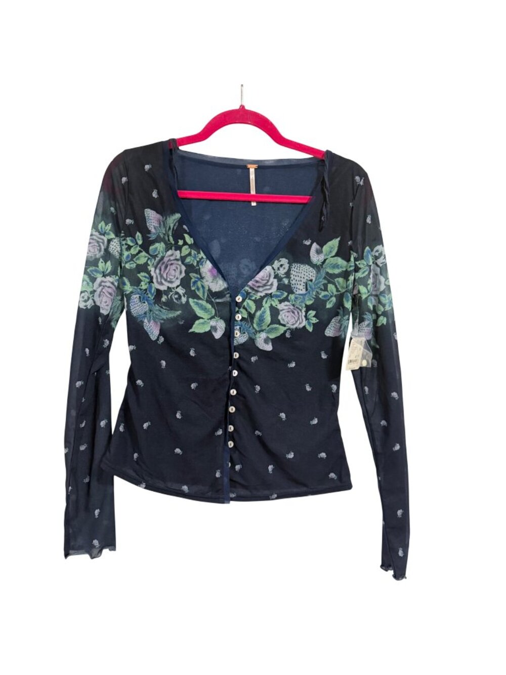 Free People Home Grown Cardi Navy Blue Floral Strawberry Size S NWT